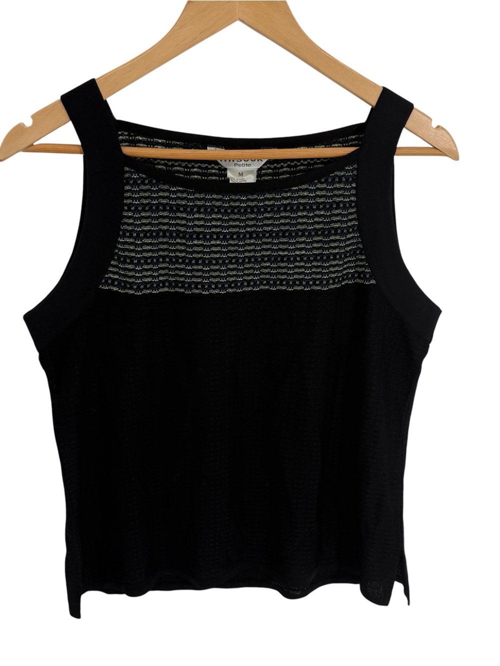 Exclusively Misook Black Gold Sleeveless Sweater Top Size M Petite Side Slits